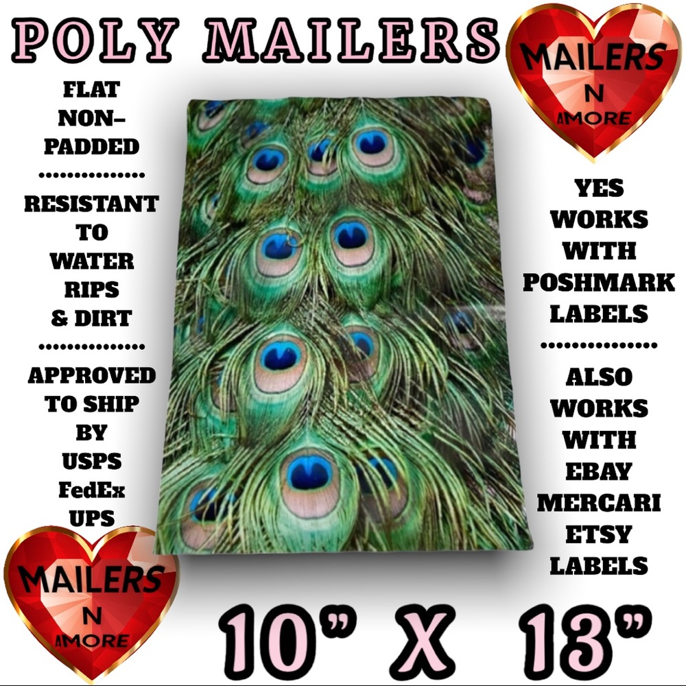 ( Quantity 25 10x13 ) Peacock Eye Feathers Poly Mailers Bags Shipping Envelopes - Picture 3 of 3